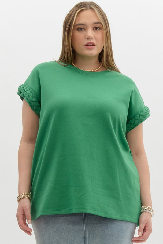 Curvy Green Braided Sleeve Knit Top
