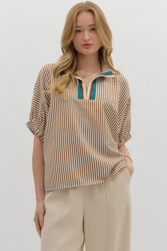 Caramel Stripe pattern high neck elasticated sleeve band top