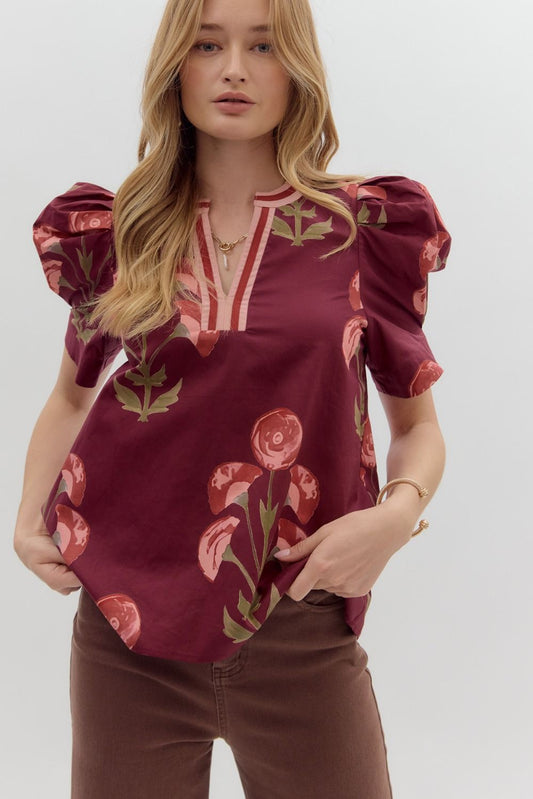 Floral print structured shoulder puff short sleeve top