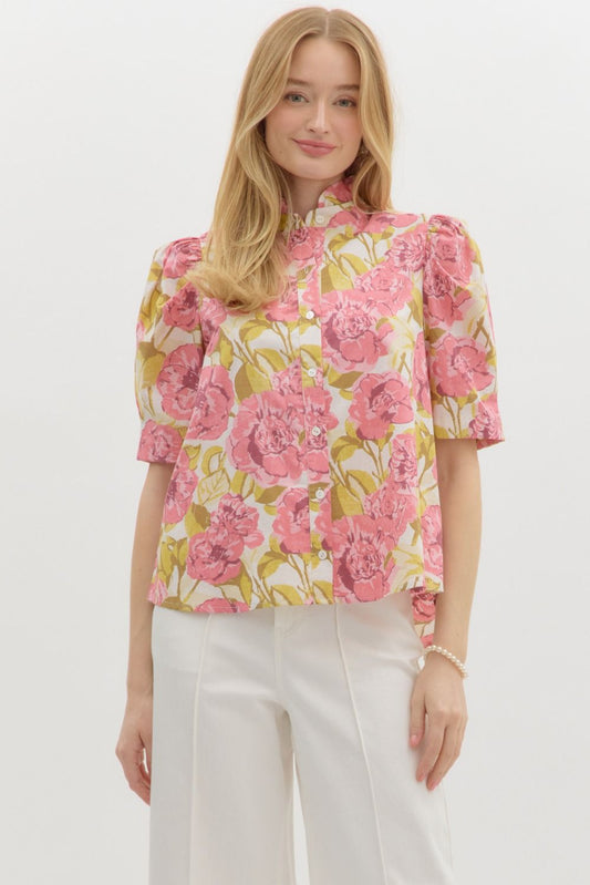 Pink & Green Floral Puff Sleeve Button Top