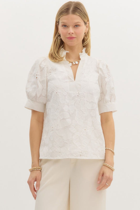 Pleated Collar Vneck White Floral Top