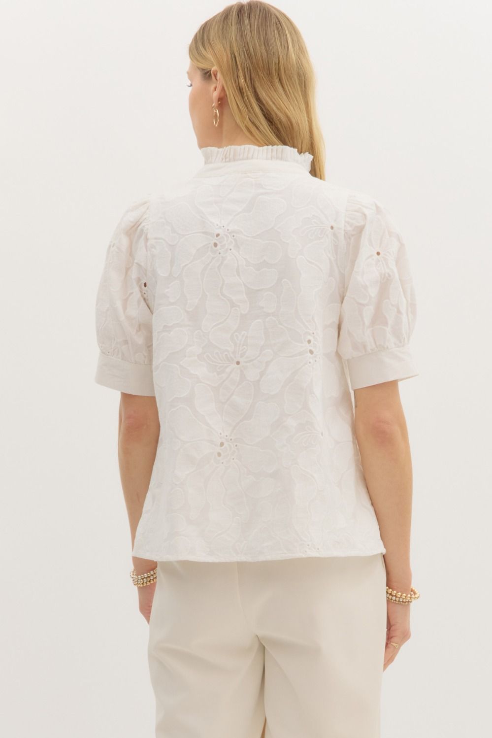 Pleated Collar Vneck White Floral Top