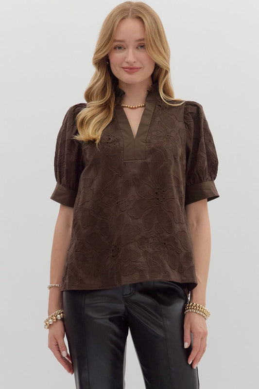 Brown Floral embroidered short puff sleeve pullover top
