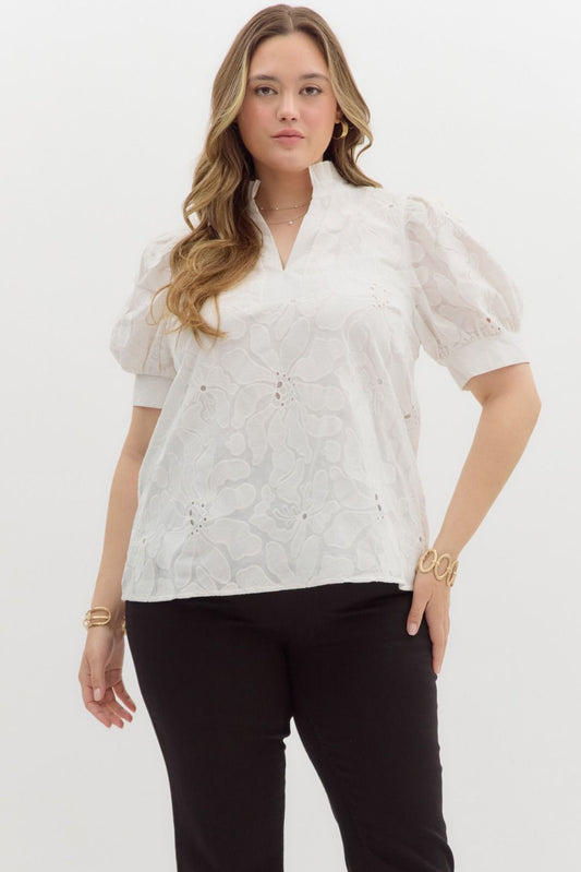 Curvy White Floral Vnk Pleated Collar Top