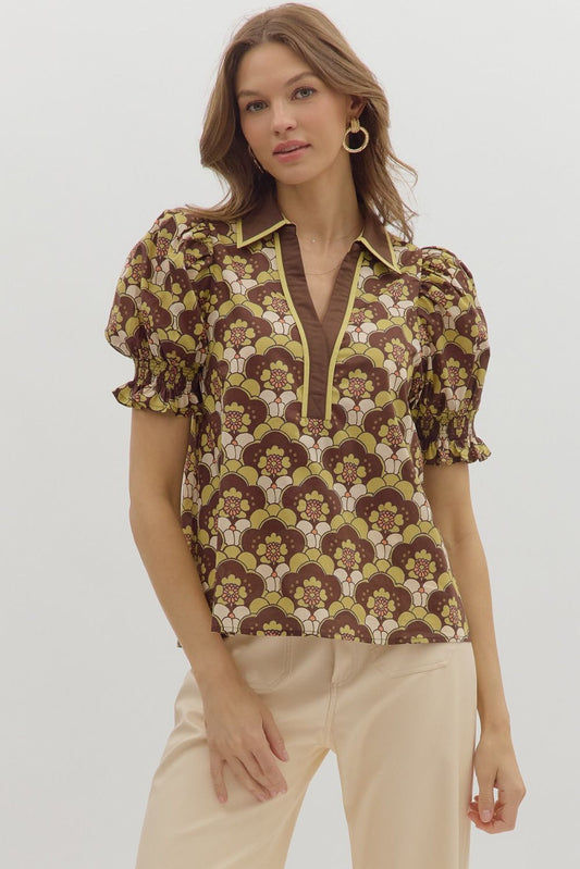 Brown Abstract floral pattern smocked cuff short puff sleeve