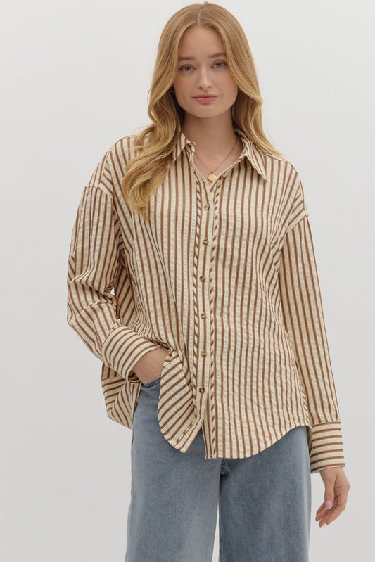 Textured striped pattern long sleeve button down collar shirt