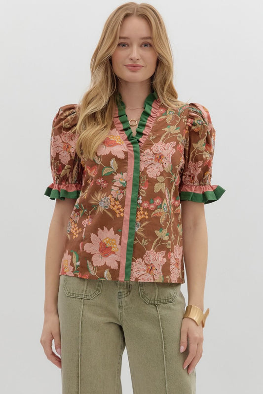 Floral print shoulder puff sleeve top