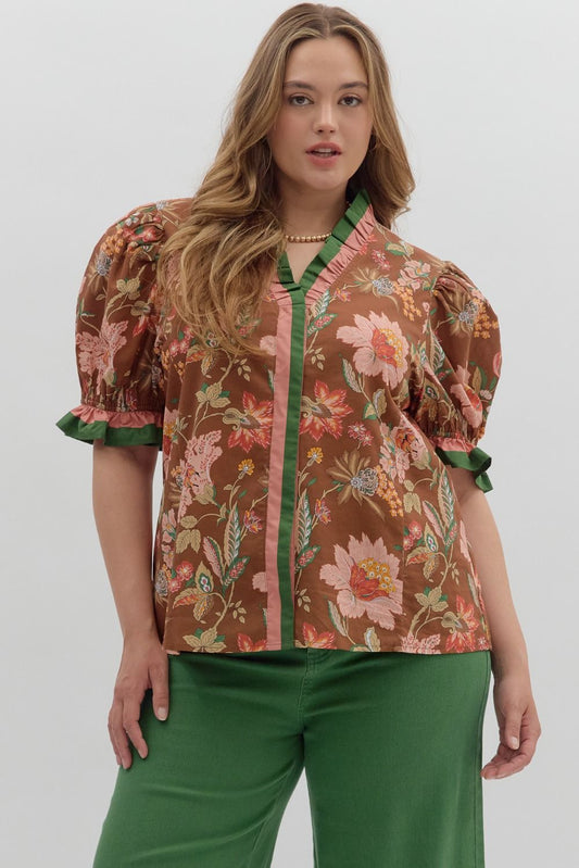 Floral print shoulder puff sleeve top +