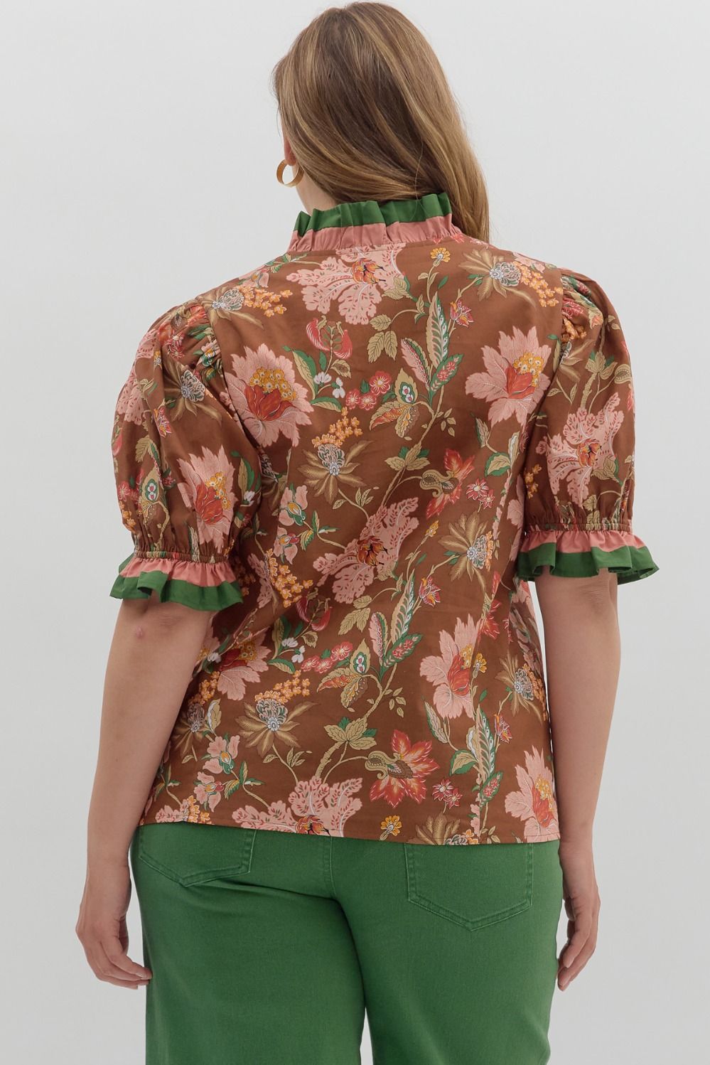 Floral print shoulder puff sleeve top +