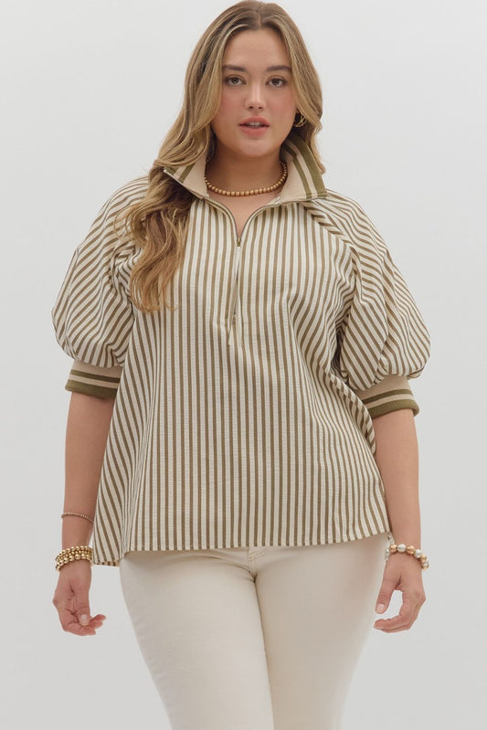 Olive Stripe pattern half-zip short puff sleeve top +