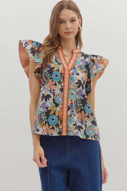 Multi-floral print flutter ruffle sleeve