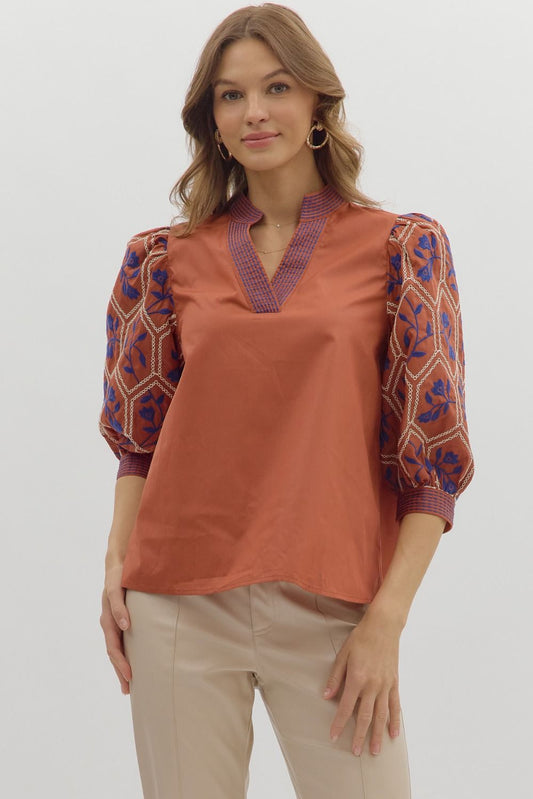 Floral pattern embroidered ¾ sleeve top