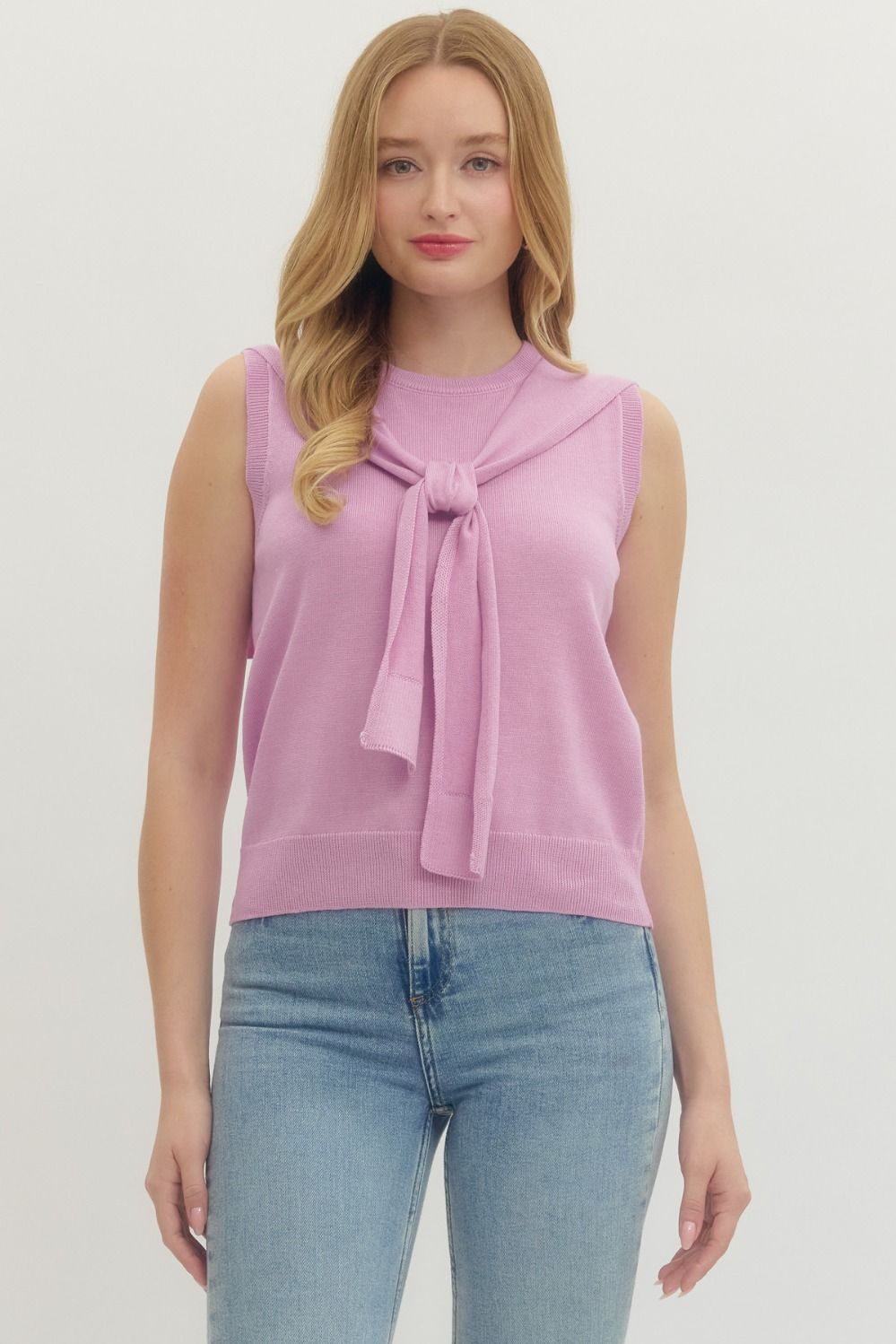 Pink Solid sleeveless knit top w/ self tie scarf