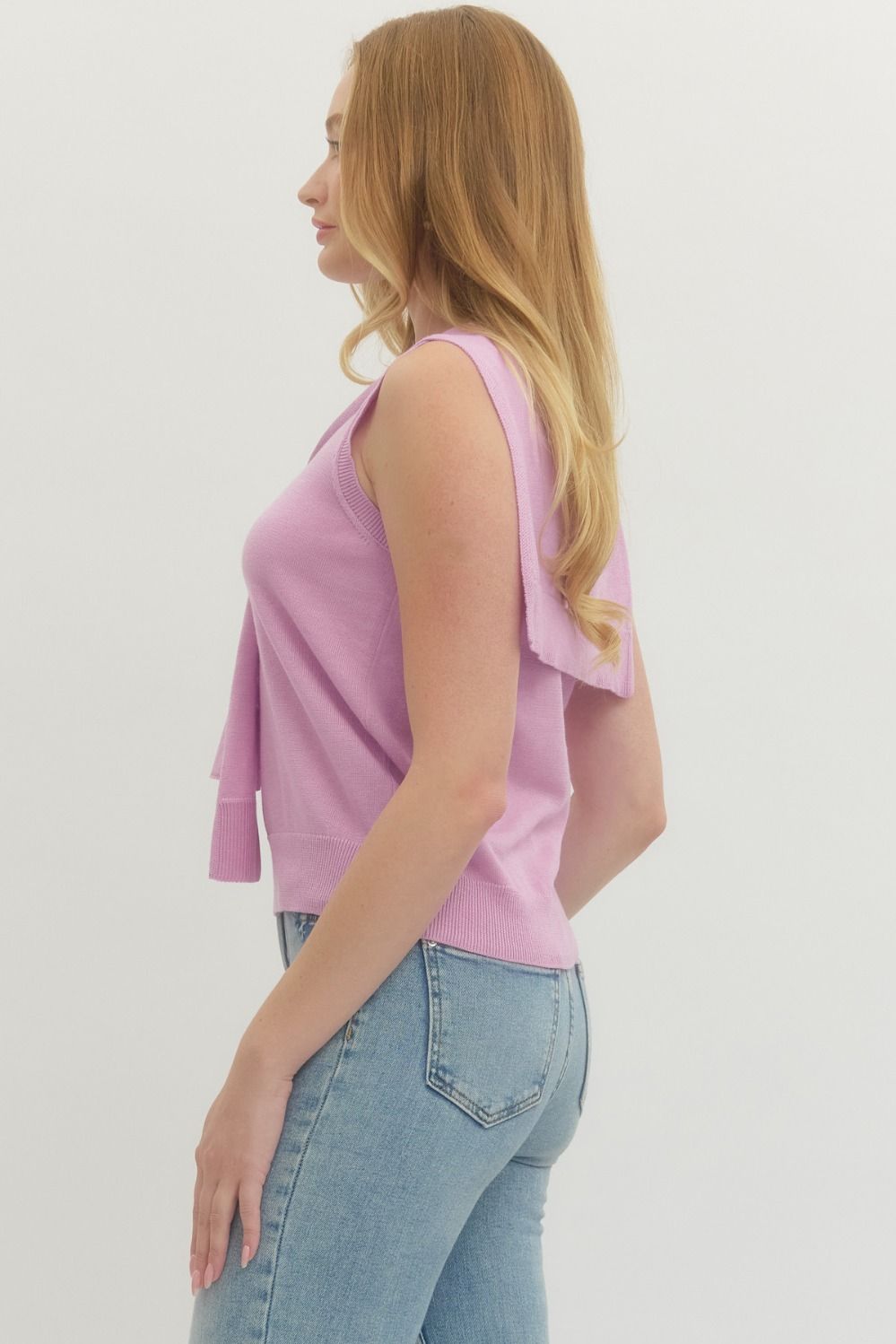 Pink Solid sleeveless knit top w/ self tie scarf