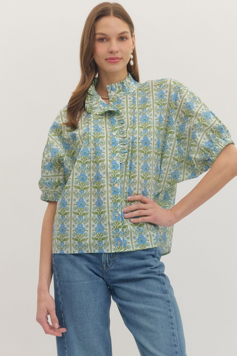 Botanical print short dolman sleeve top