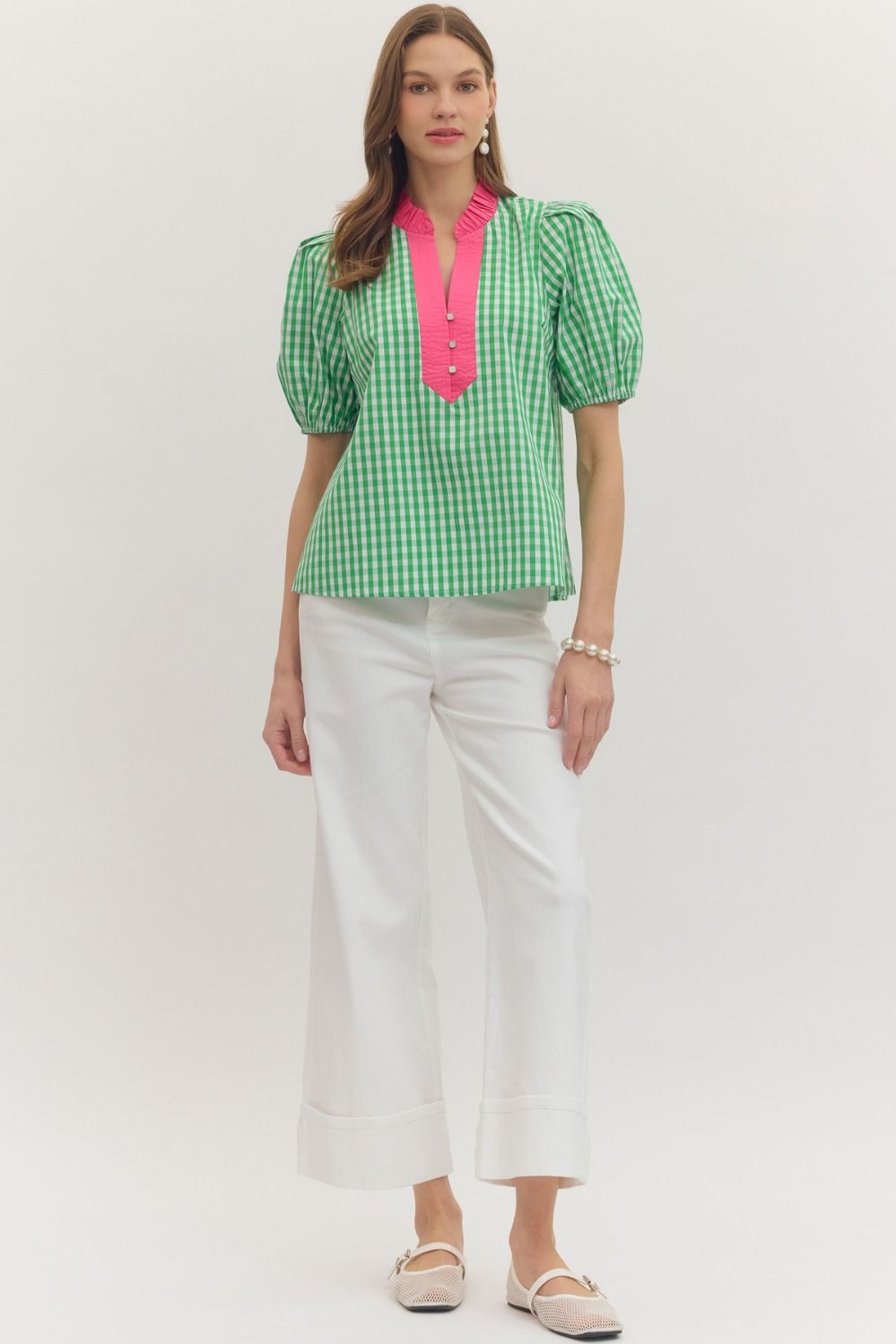 Green Gingham short puff sleeve top