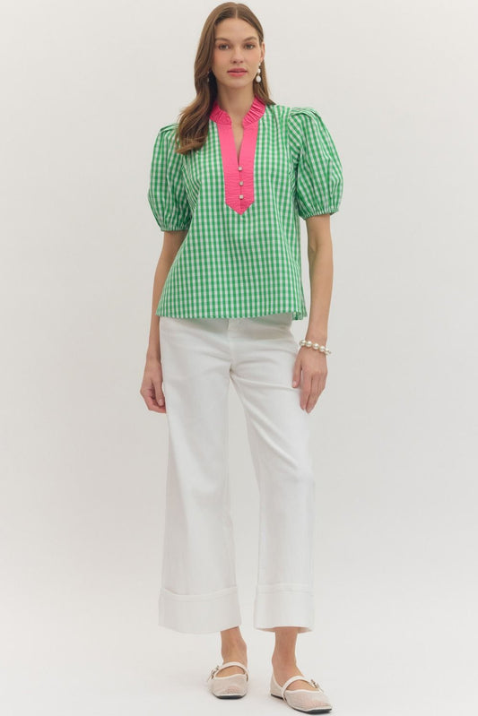 Green Gingham short puff sleeve top