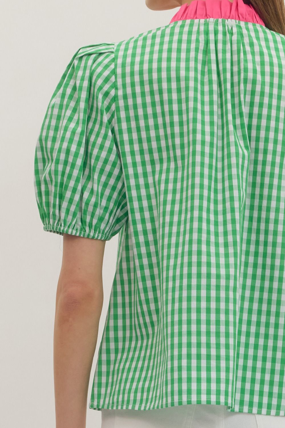 Green Gingham short puff sleeve top