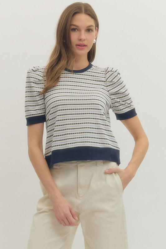 Blue Striped short puff sleeve waist-length top