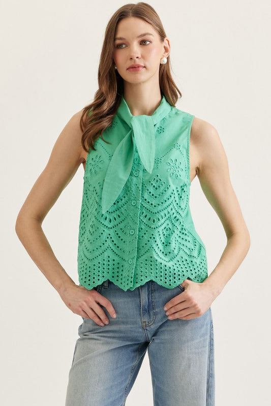 Green Solid sleeveless top with self tie neck