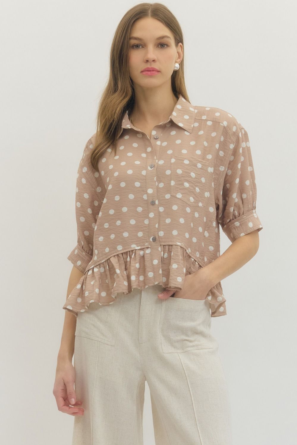 Sand Polka dot short sleeve waist-length top