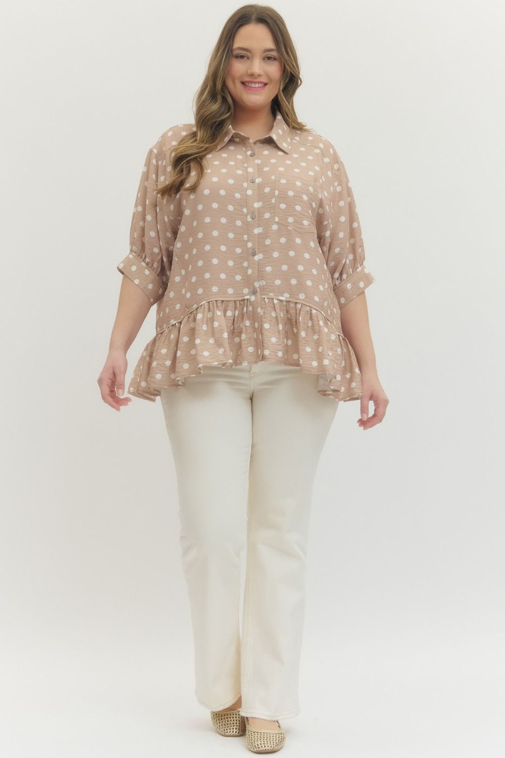 Sand Polka dot short sleeve waist-length top +