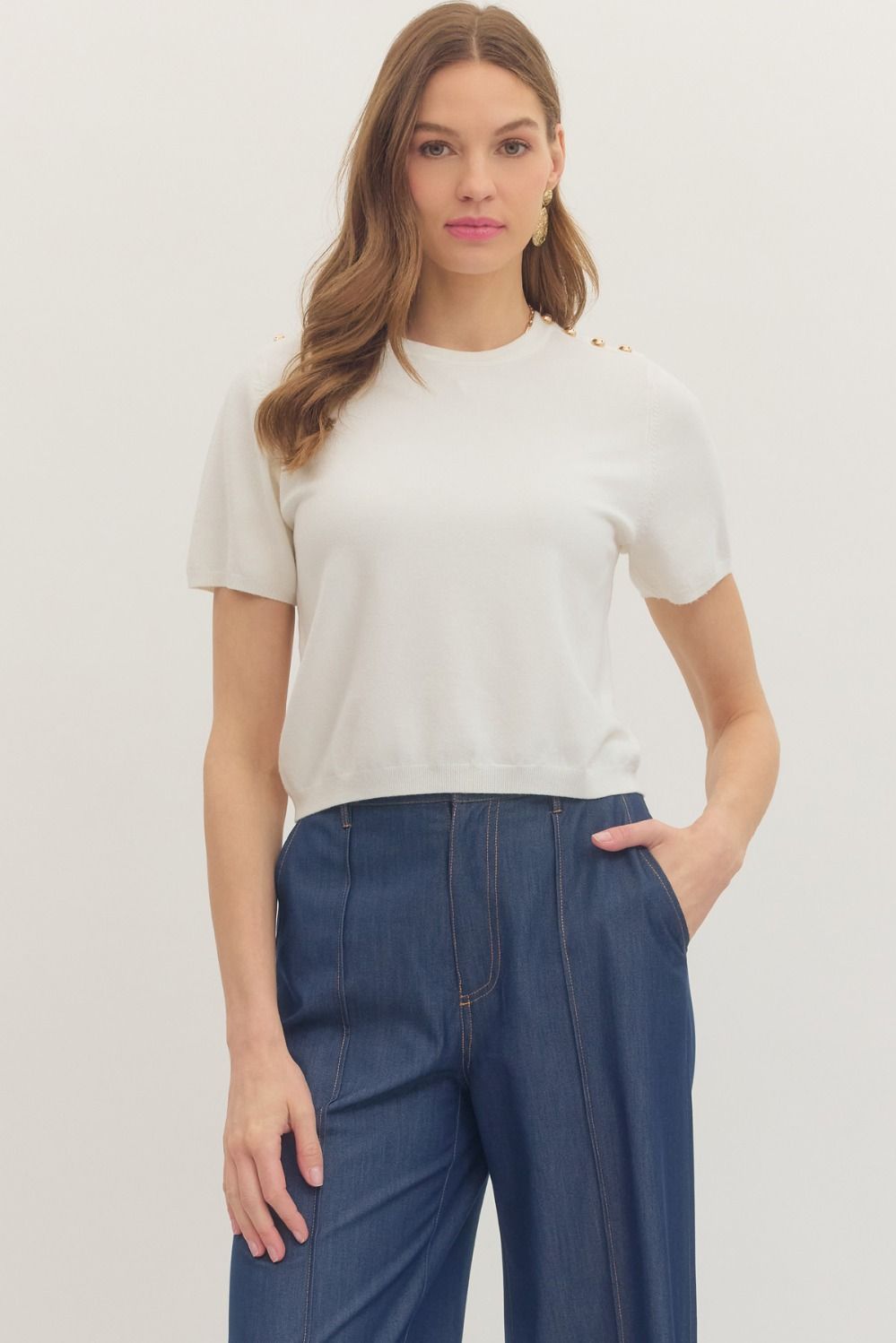 Off white Solid short sleeve sweater knit top