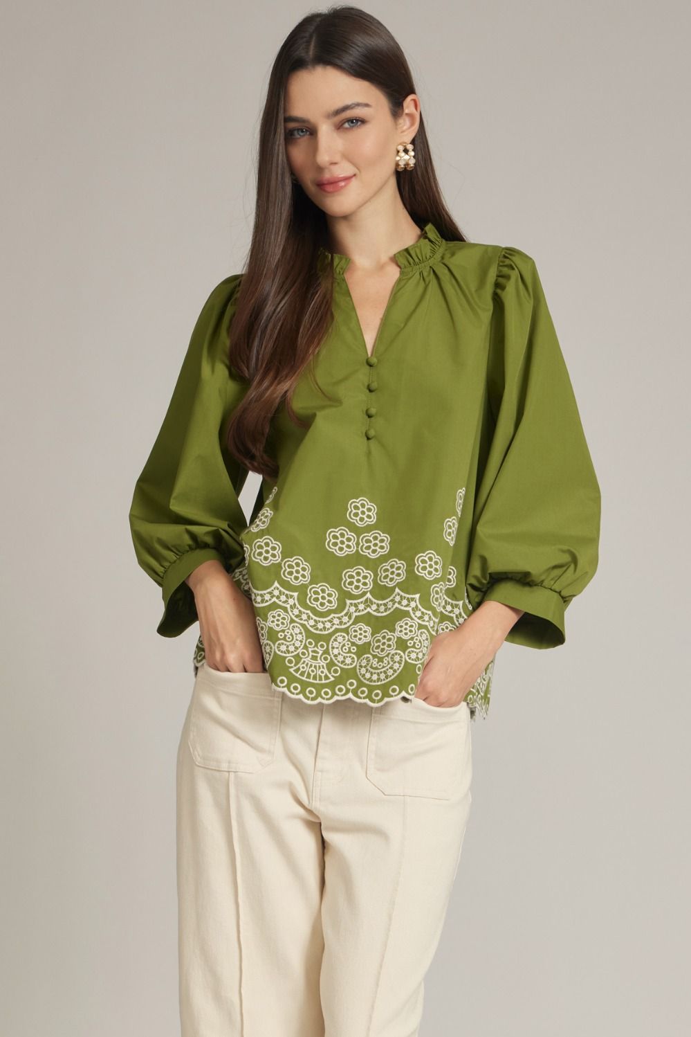 Olive Long sleeve Embroidered bottom top
