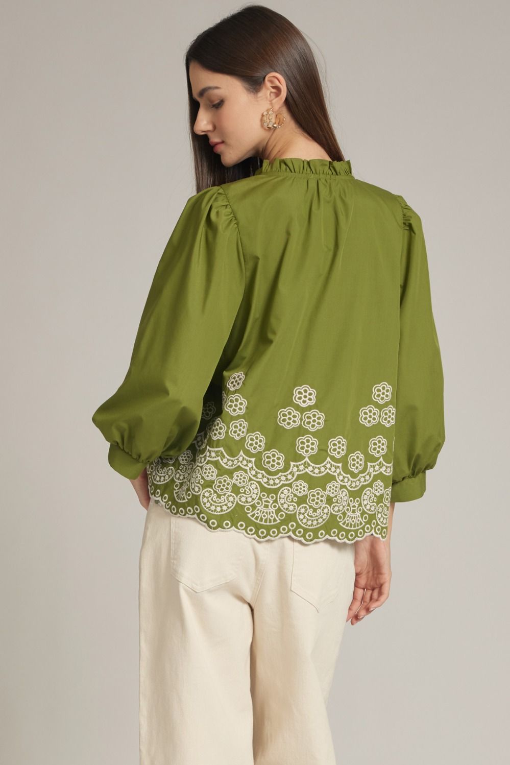 Olive Long sleeve Embroidered bottom top