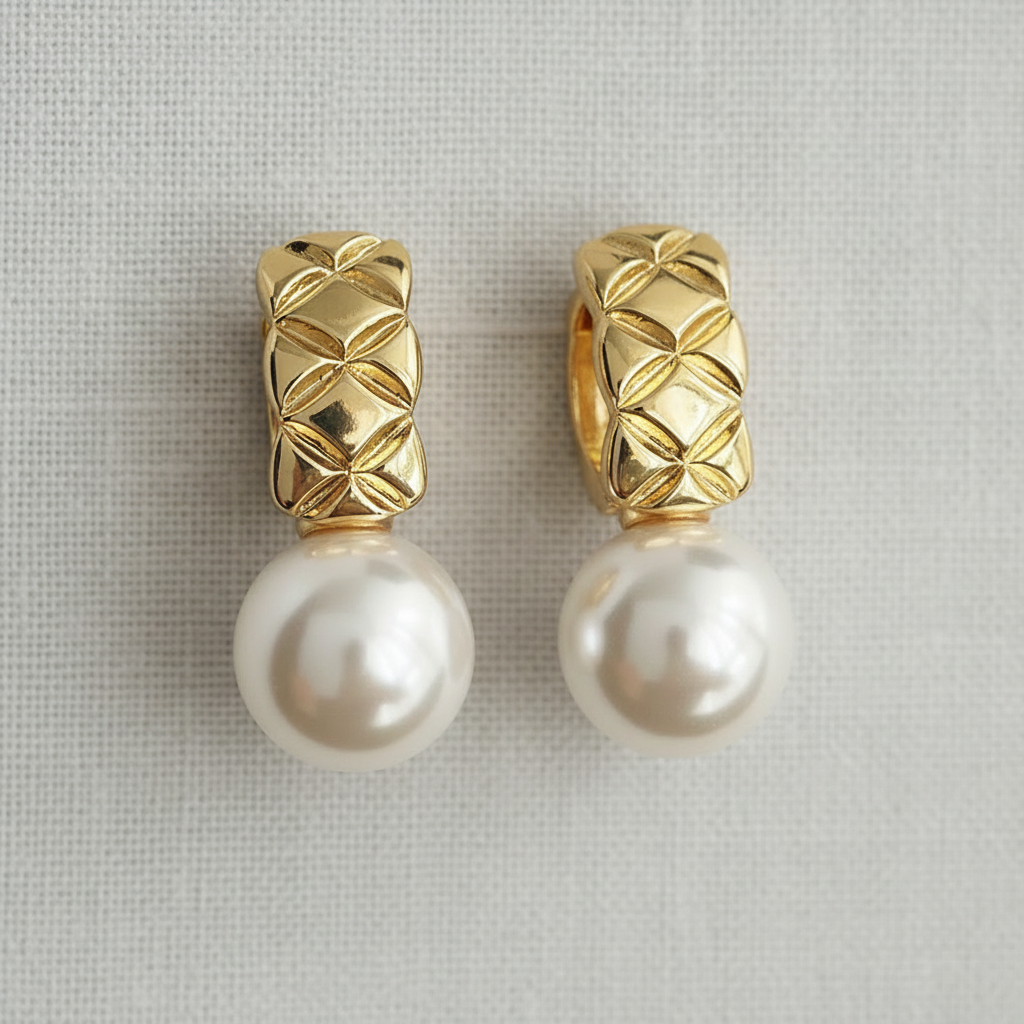 Geometric Woven Frame Pearl Stud Earrings
