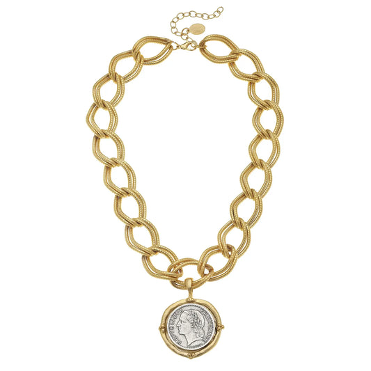 Gold and silver coin on Gold Chain Necklace