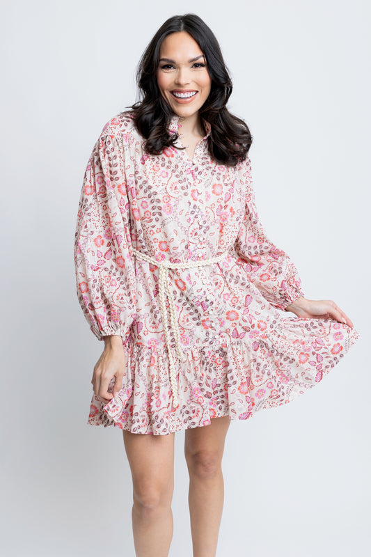 Pnk Floral Braid Tie Button Dress