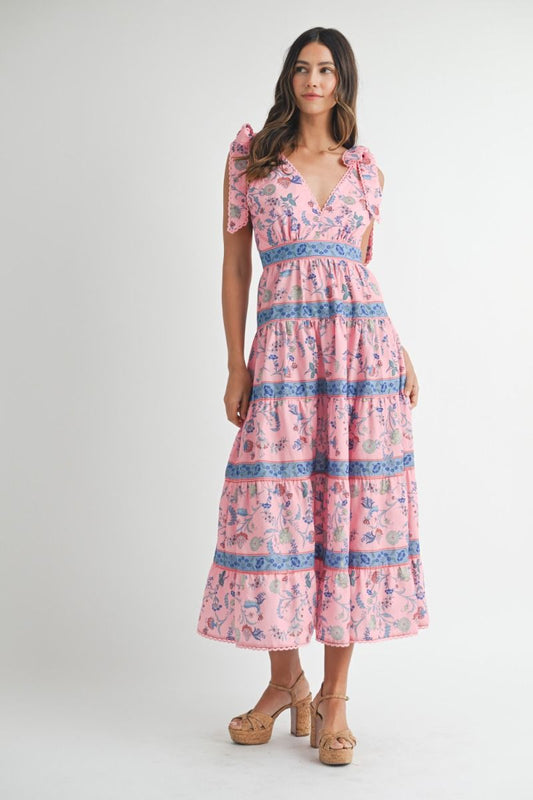 Pink Printed Tiered Midi Dress