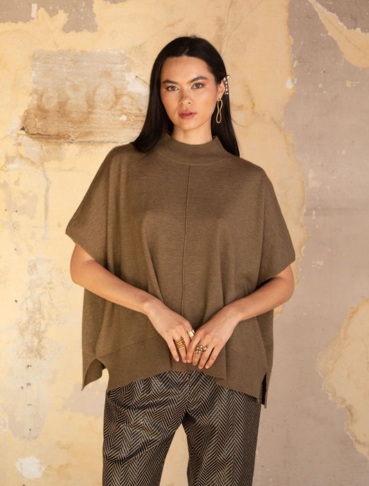 Caroline Khaki  Short Slv CFseam Mocknk Sweater