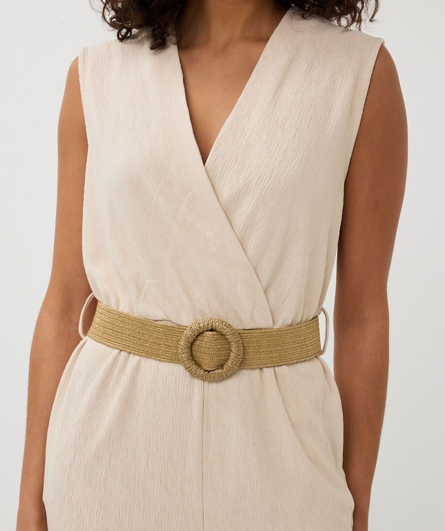 Ecru Surplice Belted Crinkle Jumpsuit