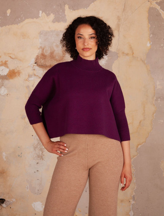 Aja Purple Wine 3/4 Ribslv Mocknk Sweater